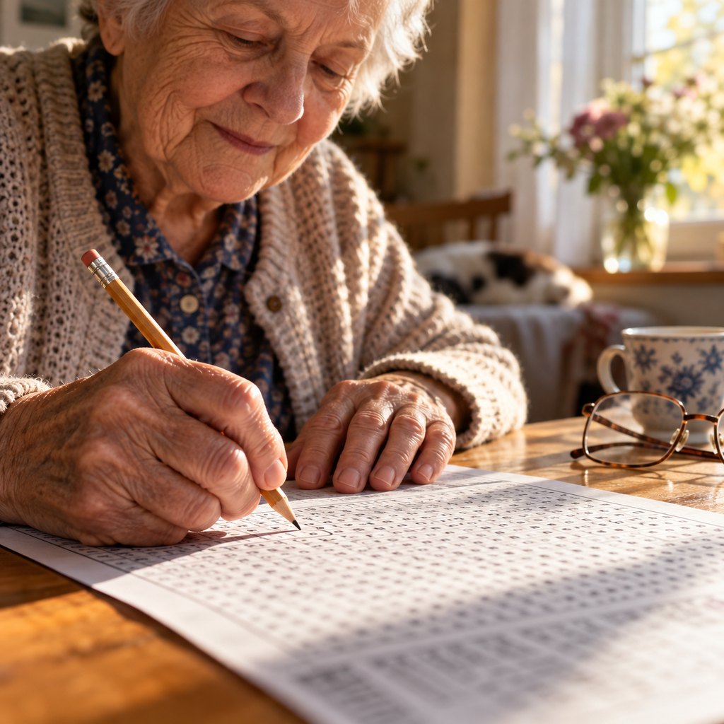 Ruka seniorky kroužkuje slovo v osmisměrce