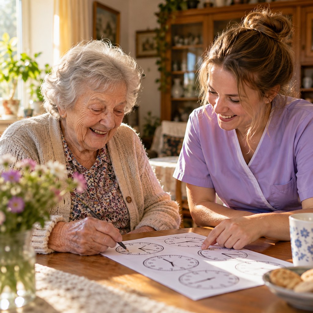 Seniorka a pečovatelka se smějí nad pracovním listem s hodinami