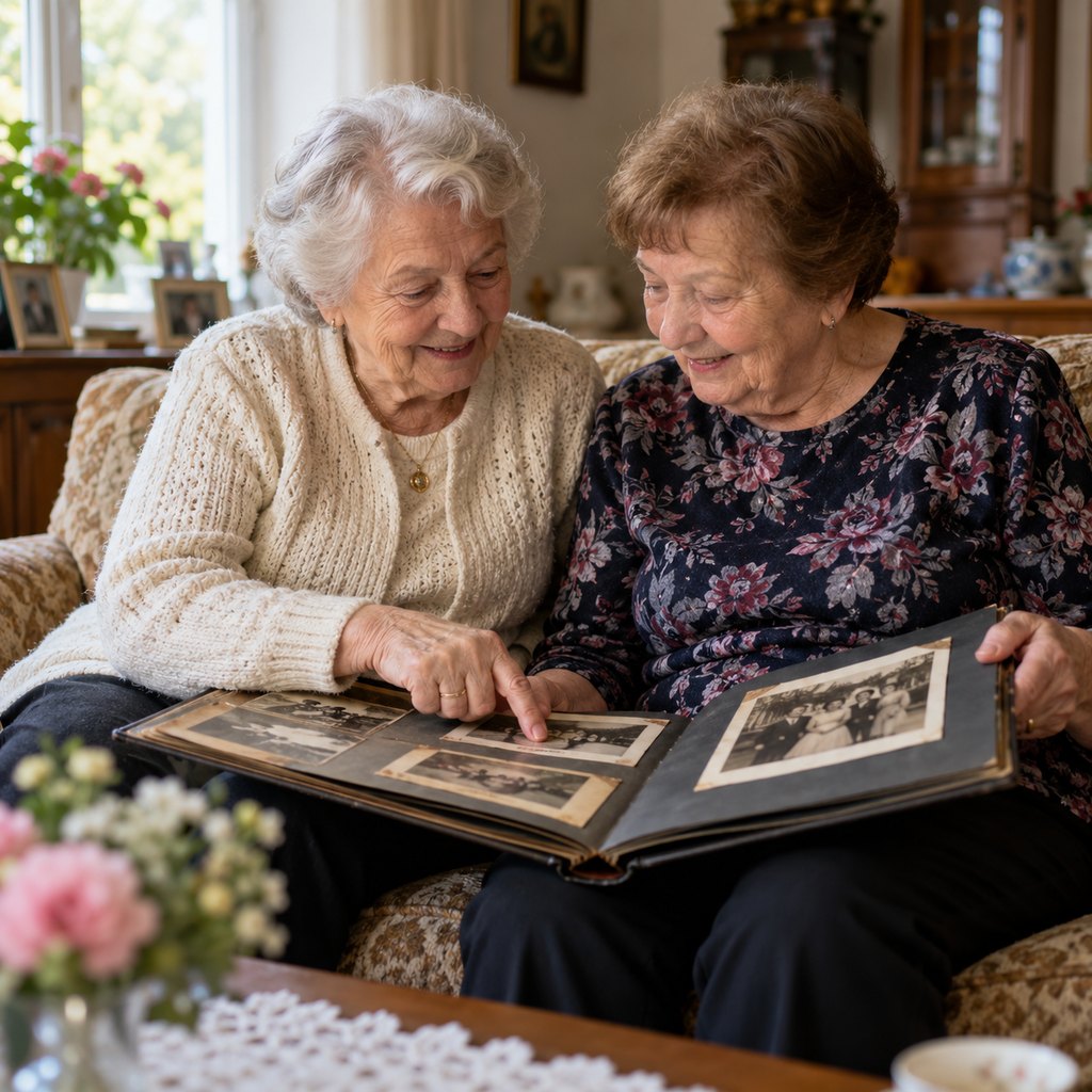 Dvě seniorky prohlížejí staré fotografie